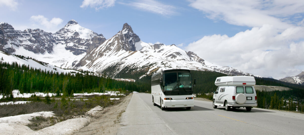 charter bus in the mountains
